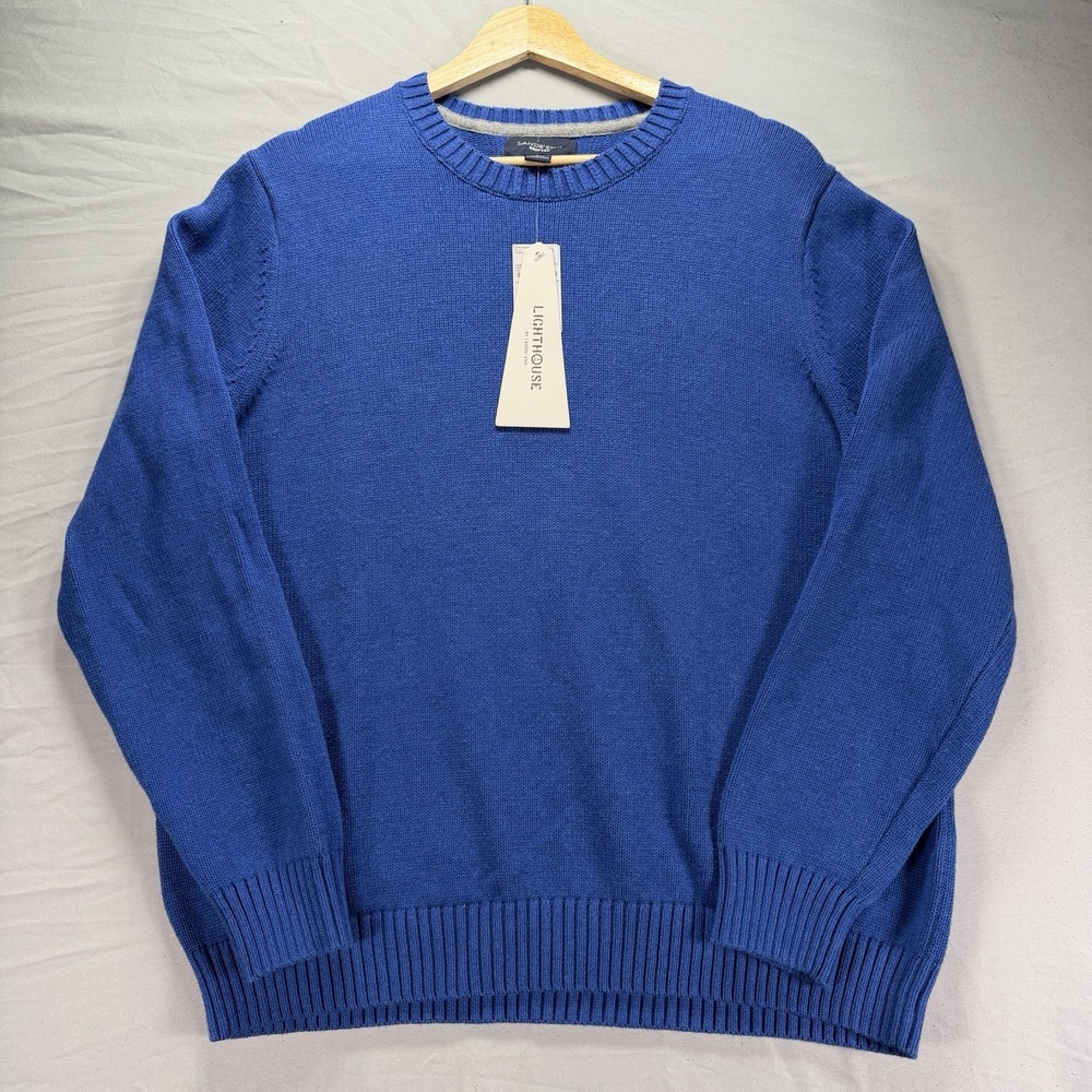 Lands End Drifter Sweater Mens Large Blue Knit Crewneck Lighthouse Grandpa NWT